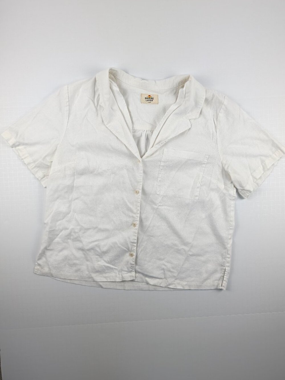Marine Layer Lucy Resort Shirt White Hemp Blend Short Sleeve Women's L